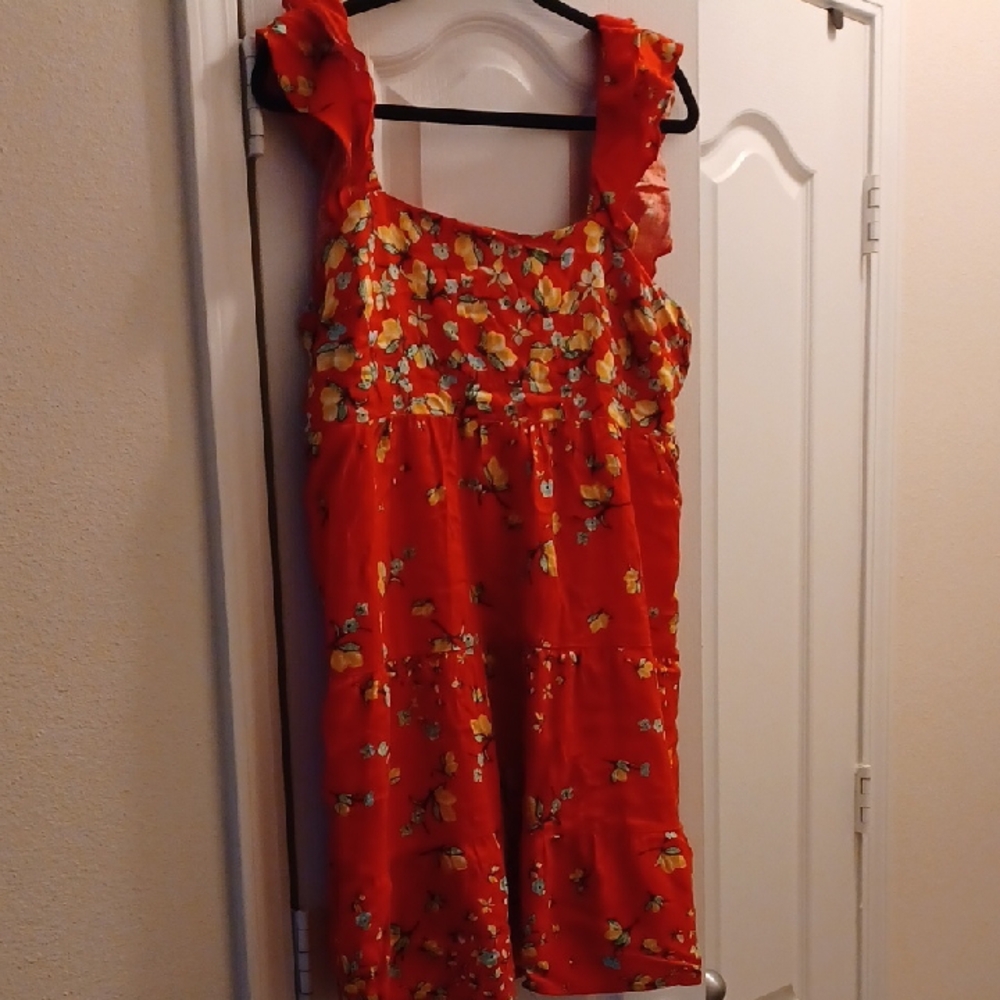 Lauren Conrad Strapless Short Red Dress With Lemon Print And Tie Back Detail